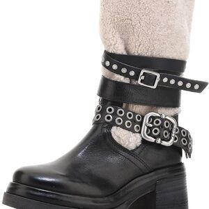 A.S.98 Black Leather Combat Boots with Shearling Trim and Studded Straps